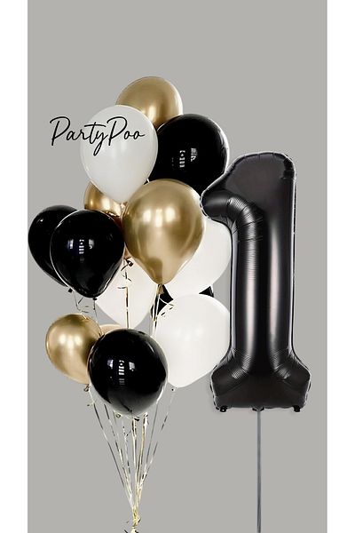 PartyPoo Black Number Foil Gold Metallic Balloon Set of 10 Birthday Balloon Set