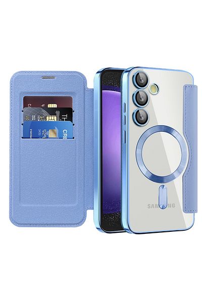 SKYDDAR INNOVATION Husă pentru Samsung Galaxy S23 FE, SmartMag Book, Magsafe, RFiD, suport pentru carduri, set de autocolante, albastră