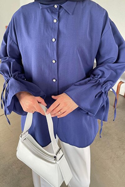 lamelif Sleeve Tunnel Rope Detailed Shirt Navy Blue