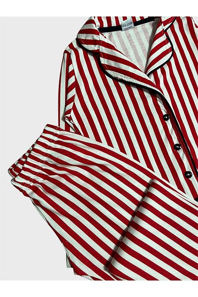 ALİŞ KİDS Girls' 100% Cotton Red Striped Shirt Collar Button Long Sleeve Pajama Set
