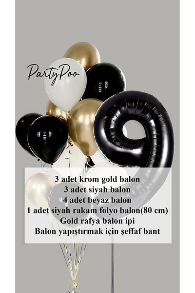 PartyPoo Black Number Foil Gold Metallic Balloon Set of 10 Birthday Balloon Set