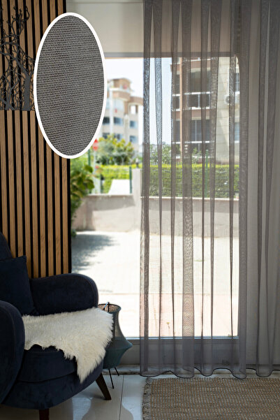 Elen's Zarif Antrasit Natural Efektli KETEN Görünümlü Ütü İstemez Tül Perde 1/2 Pileli DEMR