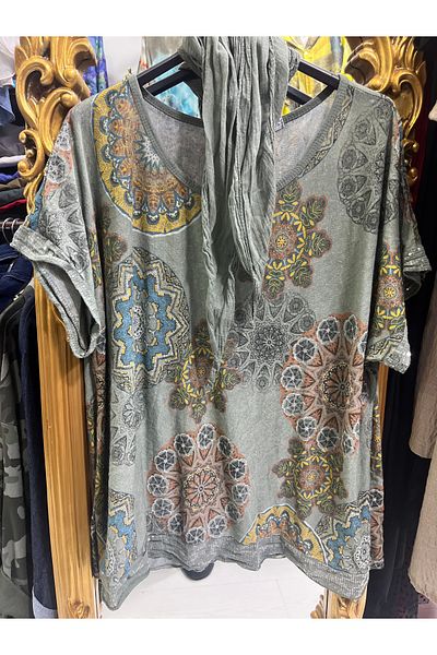 Butik Ayseba Italian Blouse Tie Dye Pattern Sequin Detailed Blouse with Shawl