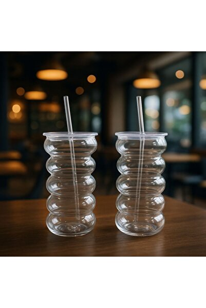 Kitchen Line Wavecup Transparent Lid Glass Cup with Straw Cool Coffee Lemonade Beverage 2 Pcs