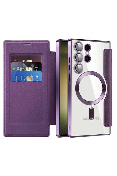SKYDDAR INNOVATION Case for Samsung Galaxy S23 Ultra, SmartMag Book, Magsafe, RFiD, Card Holder, sticker set, Purple