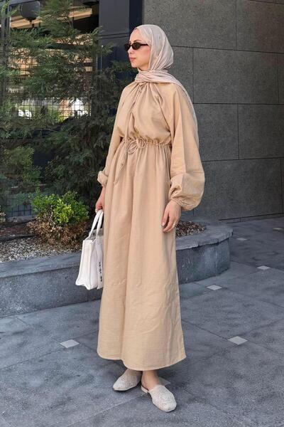 lamelif Μπαλόνι μανίκι δεμένο Hijab Φόρεμα Sand Beige