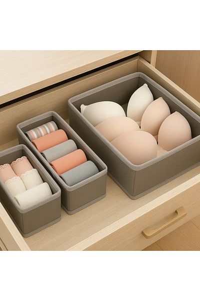zola Set of 6 drawer organizer boxes, foldable, 3 different sizes, 14/28 x 14/28 x 12 cm, gray