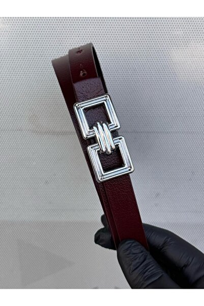 Kemerix 100% Genuine Leather Thin Silver Buckle Burgundy Women's Belt