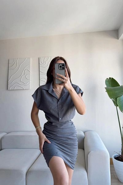 MOZENA Double Fabric Striped Shirt Dress