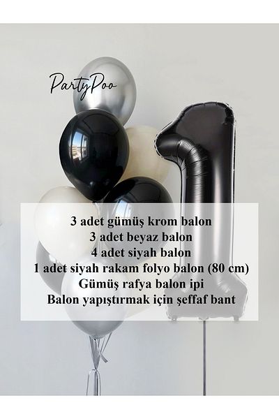 PartyPoo Black Number Foil Silver Metallic Balloon Set 10-Piece Birthday Balloon Set