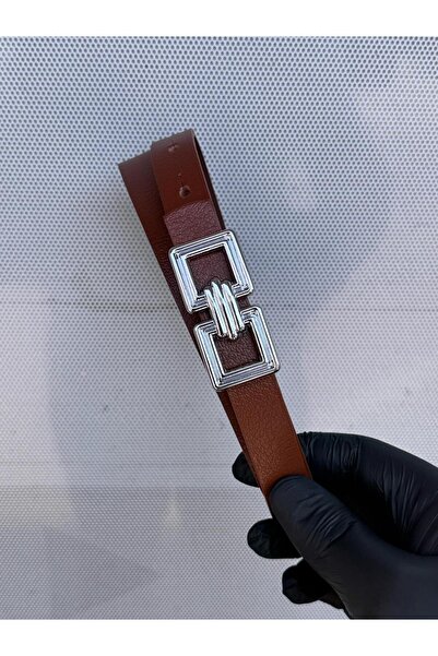 Kemerix 100% Genuine Leather Thin Silver Buckle Taba Women's Belt