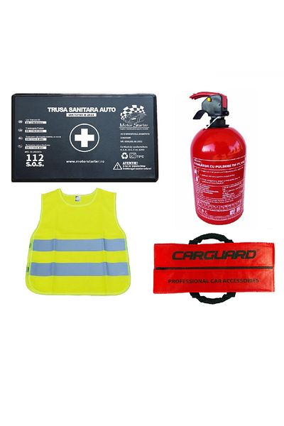 motor starter Kit Siguranta Auto Omologat, Geanta depozitare, Trusa medicala, Stingator pulbere P1, Vesta