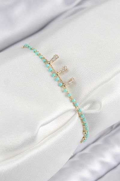 MÇ Plus Brass Zircon Stone Blue Beaded Model Gold Color Women's Bracelet