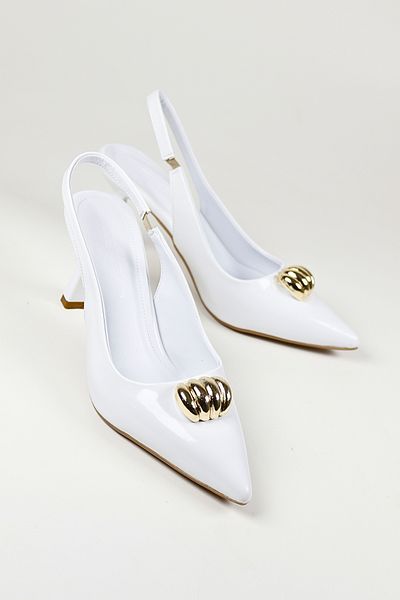 NiceDiffer Women's White Patent Leather Gold Buckle Detailed Stiletto Classic Comfortable Heeled Shoes 7cm
