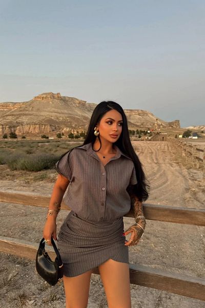 MOZENA Striped Mini Shirred Shirt Dress