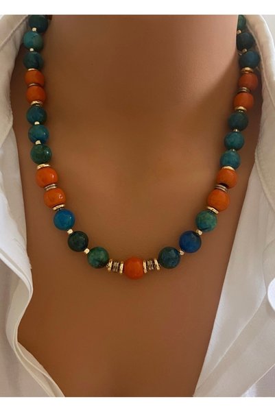 TARZ-I TAKI Bodrum Large Natural Stone & Handmade Bodrum Bead Special Design Colorful Natural Stone Women's Necklace in Gift Box