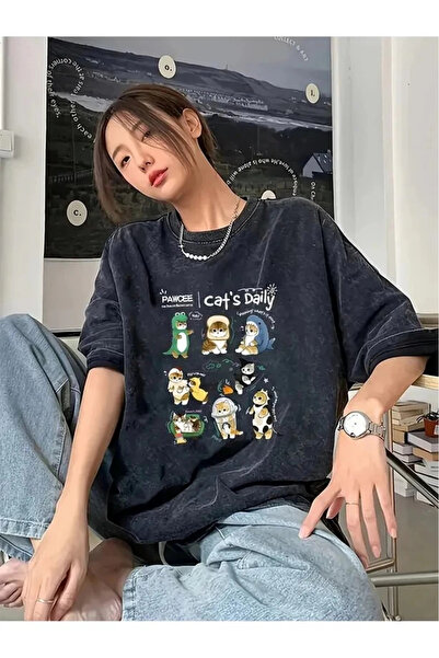 Violon Cat's Daily Štampano Pranje Vintage Unisex Oversize kroj T-shirt