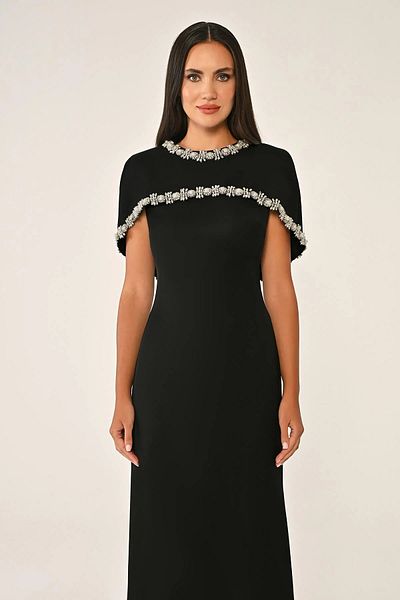 janbely Crepe Long Dress with Rhinestone Embroidered Shawl Accessories