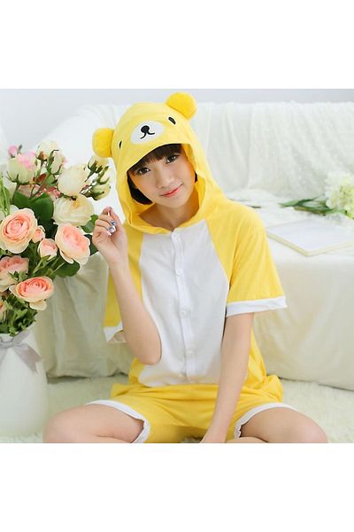zzz sleep good sleeping !!! Short jumpsuit pajamas for children, teddy bear pattern, yellow-white color, KIGURUMI