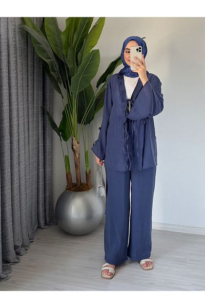 Molly Nelly Women's Summer Cotton Voile Lined Navy Blue Trouser Blouse Set with Lace Detail