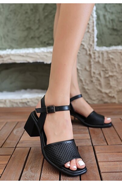 ewoman Laera Black Leather Heeled Sandals