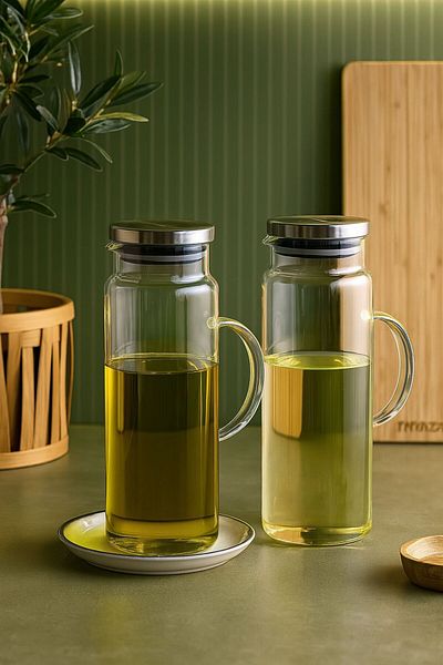 ENYAZA(2024) Set of 2 Metal Lid 1500 ml Large Size Oil Pot Set Sunflower Oil Olive Oil Set Flat Model