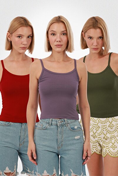 Yade Fashion Kadın Askılı Atlet 3’lü Set – Haki Mor Kırmızı