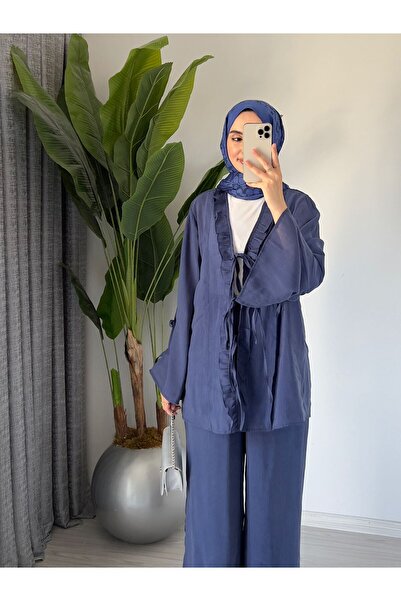 Molly Nelly Women's Summer Cotton Voile Lined Navy Blue Trouser Blouse Set with Lace Detail