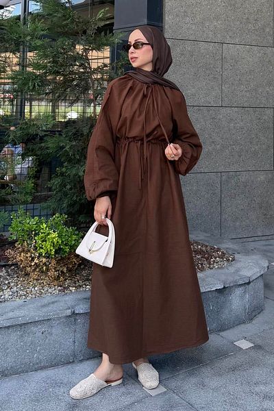 lamelif Balloon Sleeve Tie Hijab Dress Bitter Brown