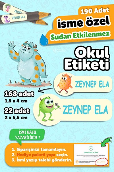 MSticker Okul Etiketi Kalem Defter isimli Etiket Isim Yazılabilen Tatlı Canav...