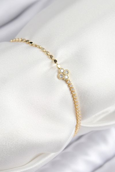 TUA MODA Tua Fashion Brass Zircon Stone Clover Model Crushed Chain Gold Color Women's Bracelet