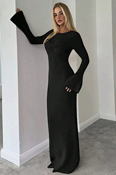 missamour KADIN SİYAH ÖNÜ PARÇALI TREND ELBİSE