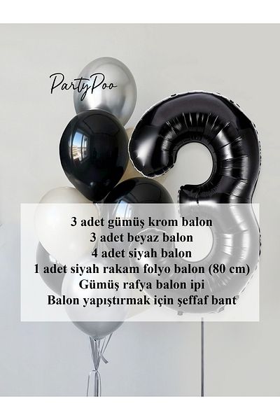 PartyPoo Black Number Foil Silver Metallic Balloon Set 10-Piece Birthday Balloon Set