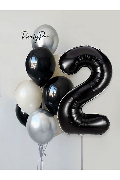 PartyPoo Black Number Foil Silver Metallic Balloon Set 10-Piece Birthday Balloon Set