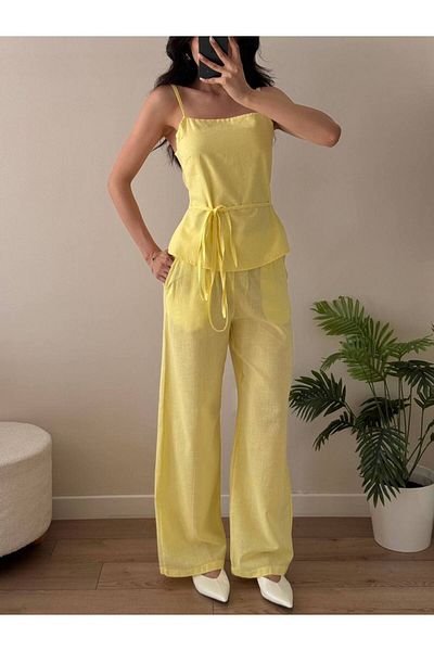 LOCH BUTİK Women's Yellow Tie-Up Strap Double Suit