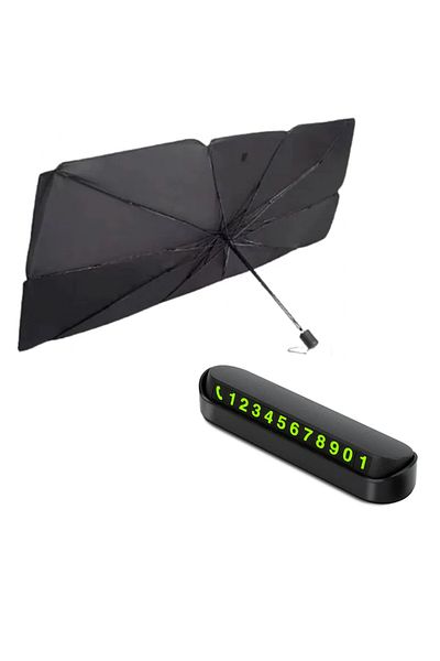 OEM Parasolar Auto Pliabil in Forma de Umbrela, Negru-Argintiu+Suport numar de telefon