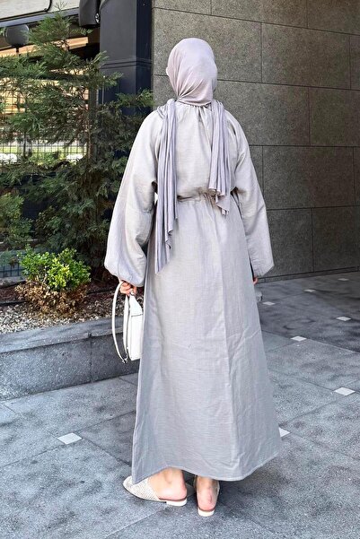 lamelif Μπαλόνι μανίκι δεμένο χιτζάμπ φόρεμα γκρι