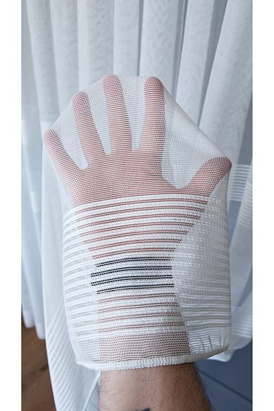 Yuka White Stripe Detail Horizontal Stripes 1/3 Tight Pleated Tulle Curtain No Wrinkle Ironing