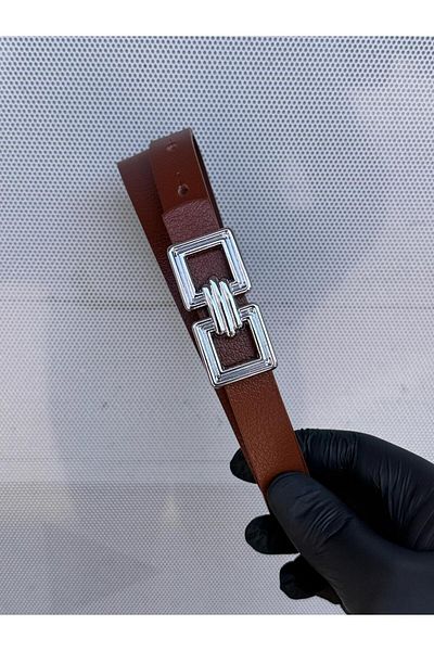 Kemerix Дамски колан от 100% естествена кожа с тънка катарама в кафяво и сребърно