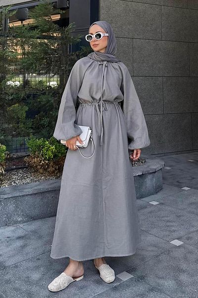 lamelif Balloon Sleeve Tie Hijab Dress Gray