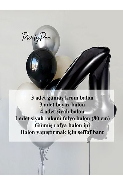 PartyPoo Black Number Foil Silver Metallic Balloon Set 10-Piece Birthday Balloon Set