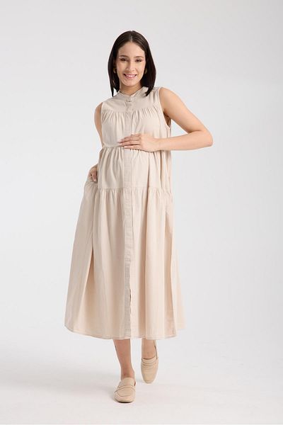 LİYACA Zero Sleeve Front Buttoned Judge Collar Midi Maternity Dress