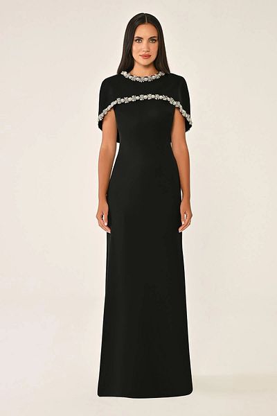 janbely Crepe Long Dress with Rhinestone Embroidered Shawl Accessories