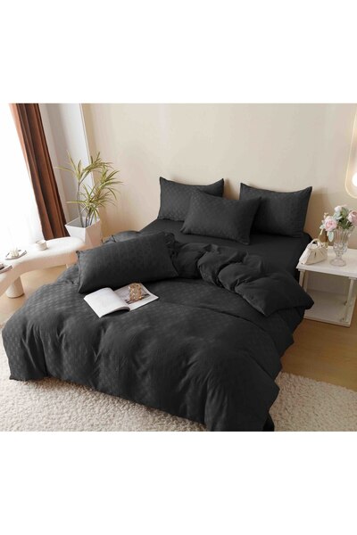 JOJO HOME Set Lenjerie de pat, Jojo Home, JQF6, bumbac jacquard finet premium, uni, 2 persoane, 6 piese, negru