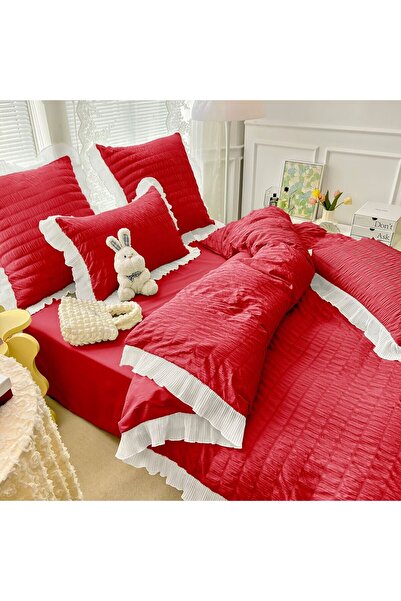 JOJO HOME Lenjerie creponata de pat dublu, finet, 6 piese, CRP-8, rosu, 230 x 250