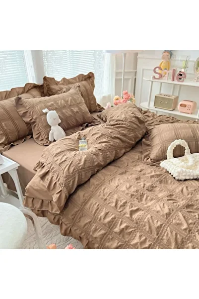 JOJO HOME Lenjerie creponata de pat dublu, finet, 6 piese, CRP-16, maro, 230 x 250