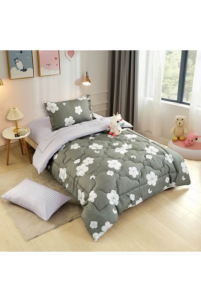 Alhabib bedding Timon summer single and a half children's bedspread, olive green with floral designs, 5 pieces