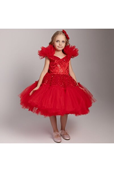 sara tasarım Blorie 2 Yaş Kırmızı Yeni Yıl Elbisesi Kız Çocuk Yılbaşı, Kabarı...