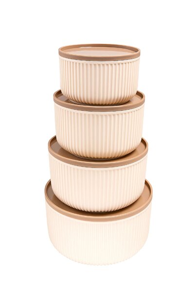 İLİVA 4'lü Yuvarlak Saklama Kabı Seti Çizgili Bej | 2.5l 1.5l 0.80l 0.45l | Mikrodalga Ve Dondurucu Uyumlu