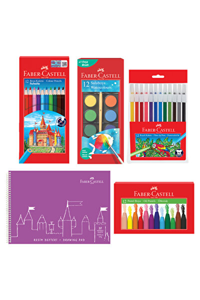 Faber Castell Painting Set and 25X35 Painting Notebook – with Water, Pastel, Felt, Dry Paint (Mixed Colors Sent)